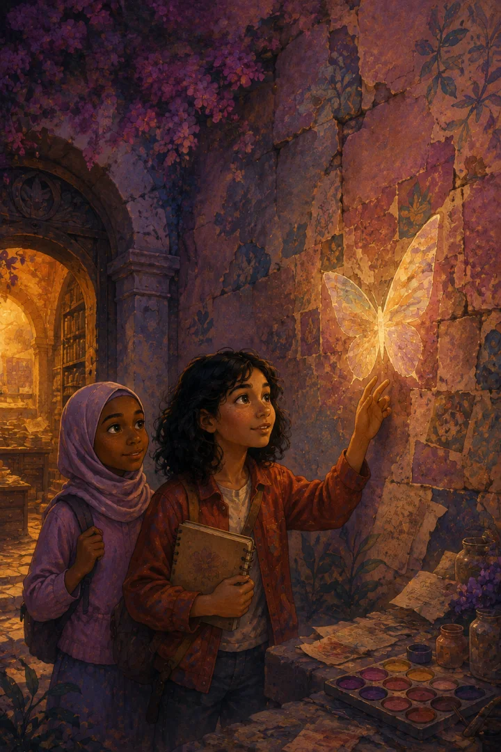 Mina and Safiya find a luminous butterfly hidden in a courtyard mural.