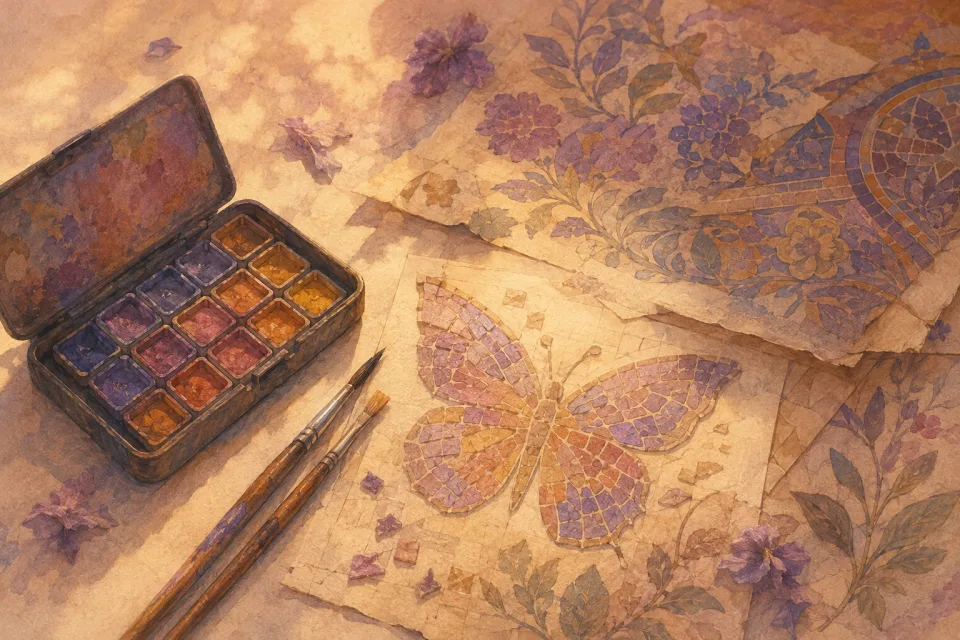 Paintbrushes, pigments, and butterfly mosaic pieces waiting to be explored.