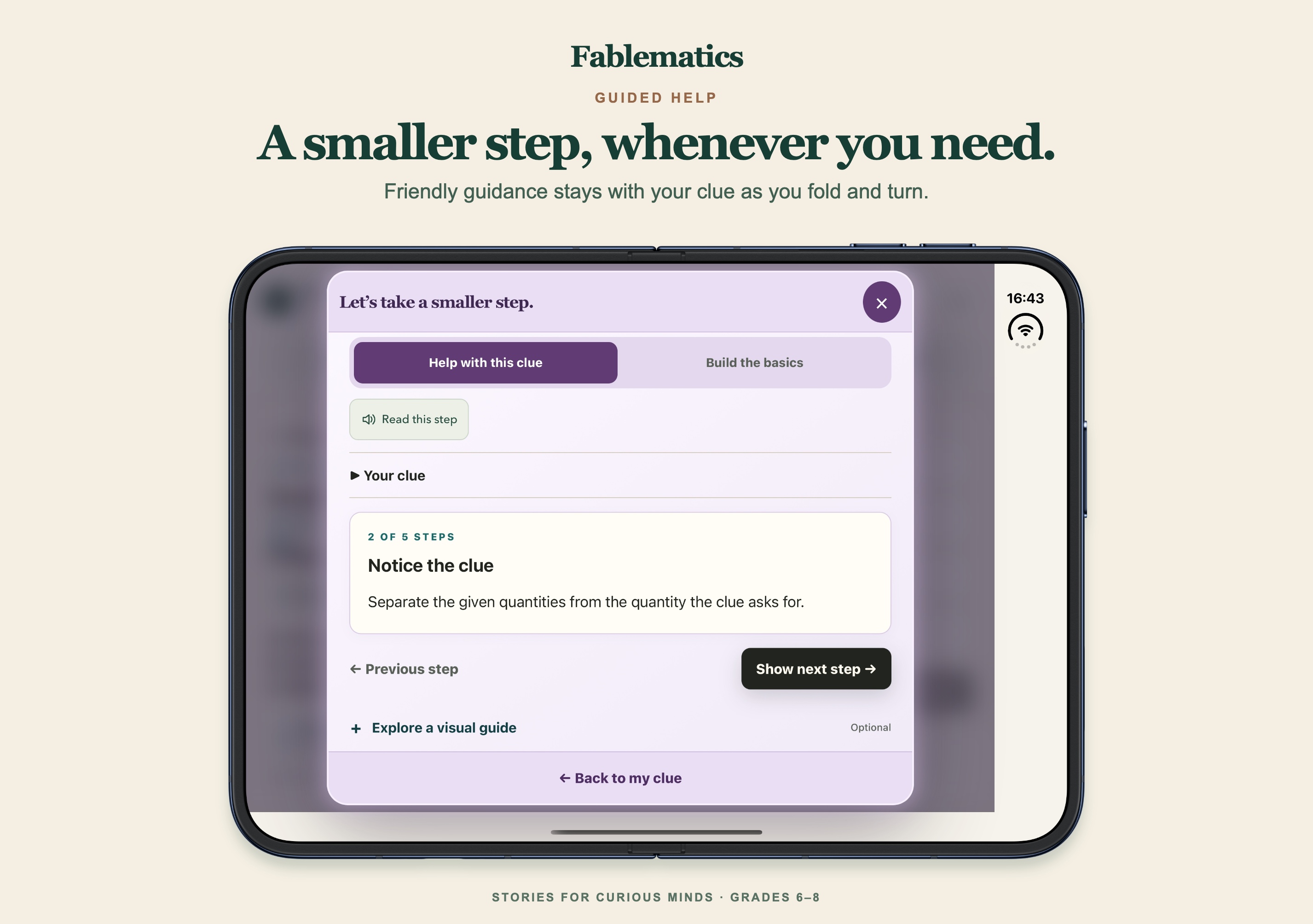 Step-by-step help for a Math clue on a fully opened landscape iPhone Duo.