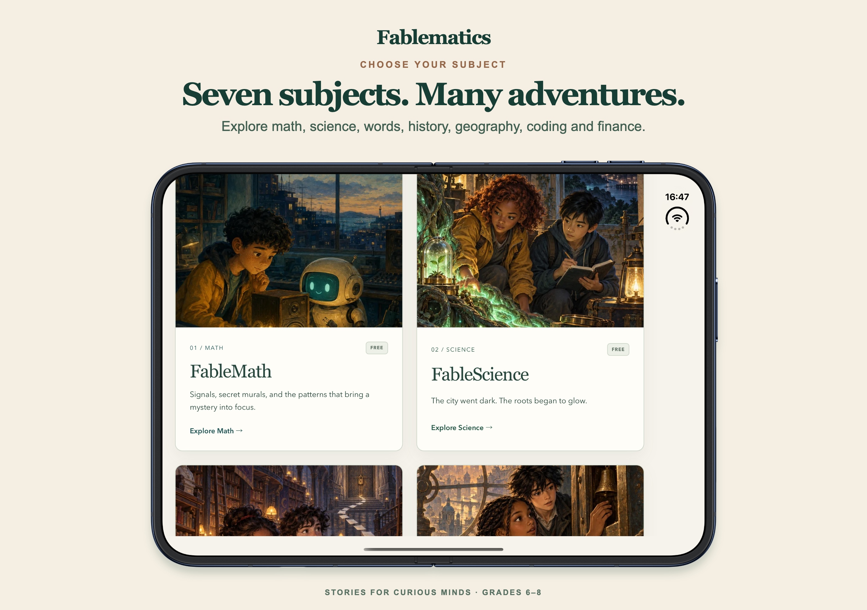 The illustrated Fablematics subject collection on a fully opened landscape iPhone Duo.