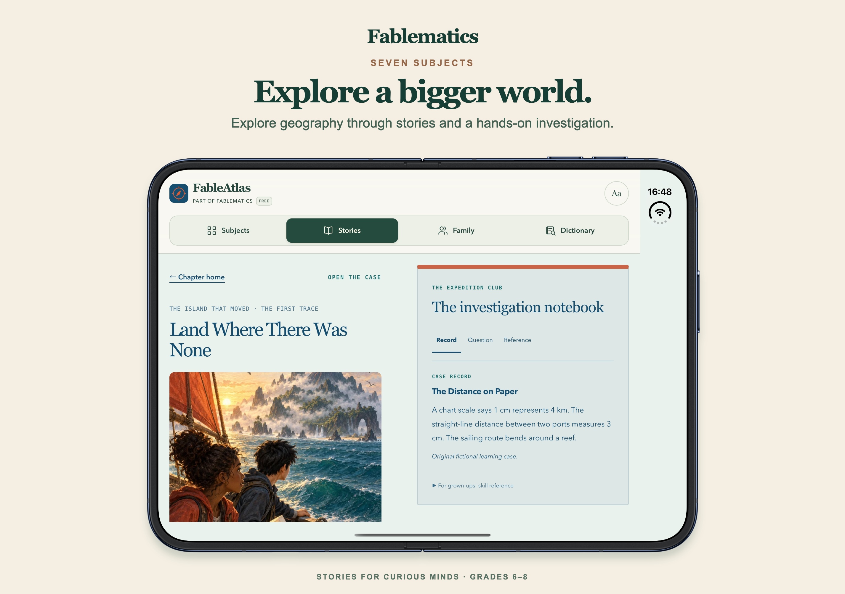 A Geography story beside its investigation notebook on a fully opened landscape iPhone Duo.