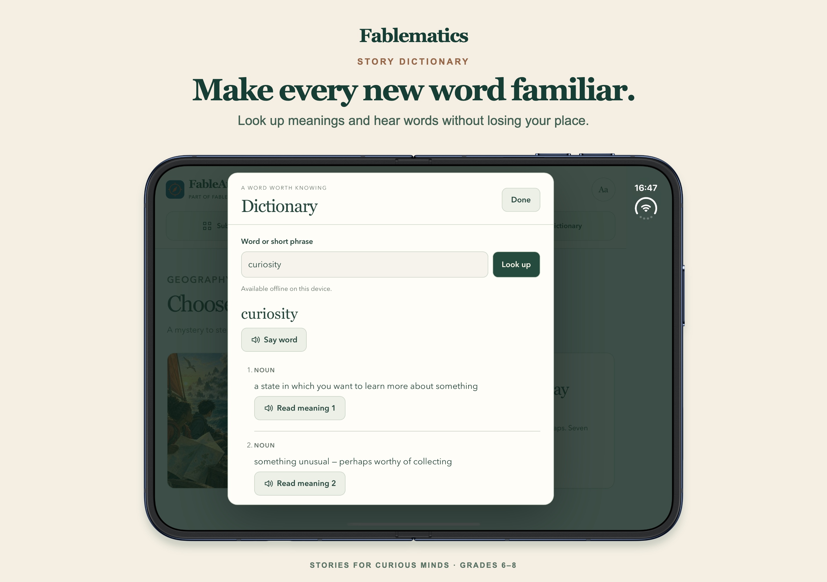 The story dictionary with definitions and listening controls on a fully opened landscape iPhone Duo.