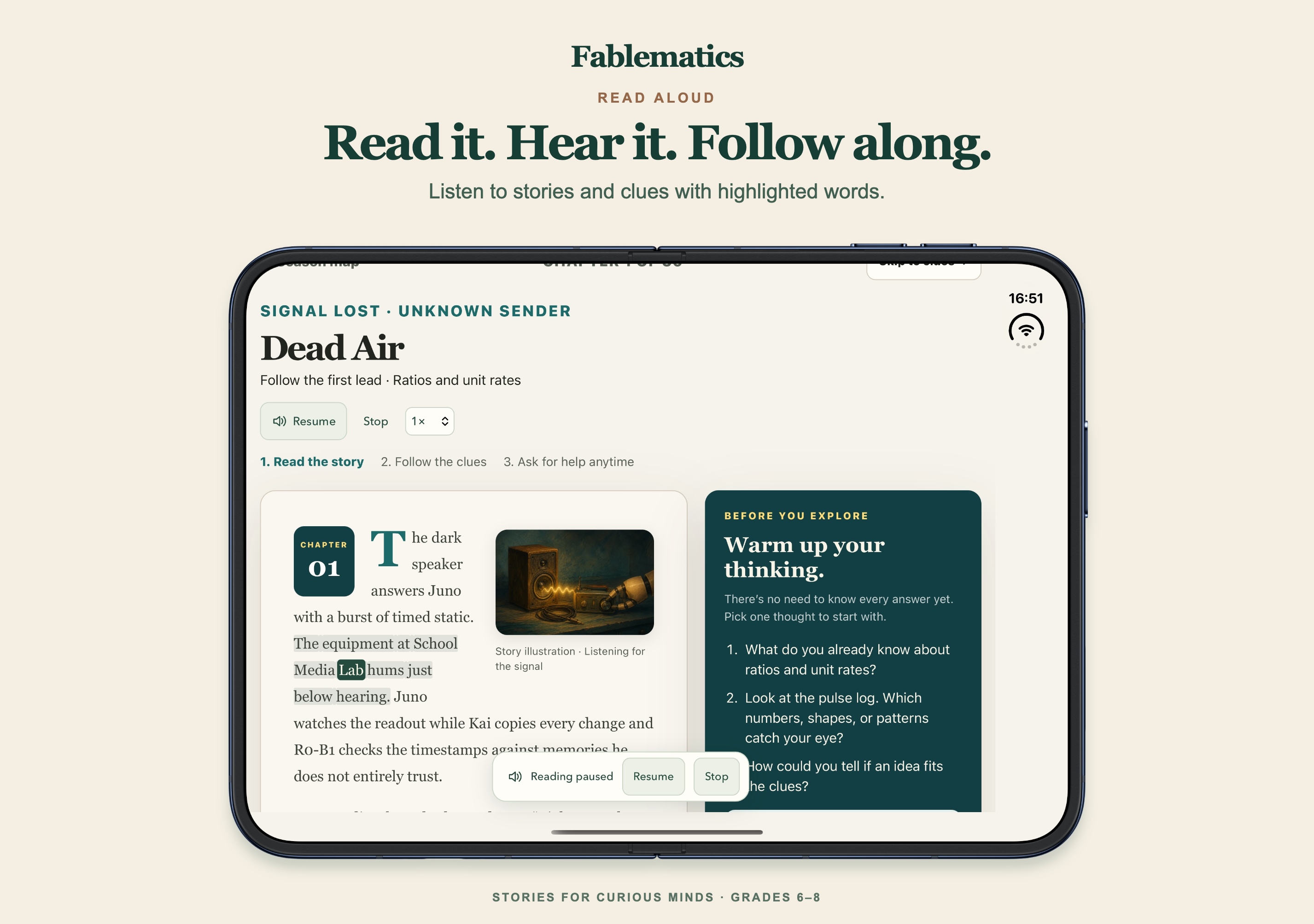Read aloud highlighting in a story on a fully opened landscape iPhone Duo.